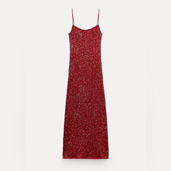 Zara Red Sequin Spaghetti Strap Dress (NWT) Size Small - Picture 1 of 4